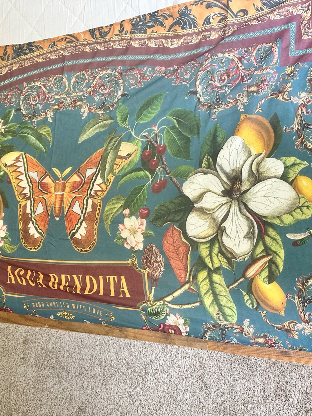 Agua Bendita Teal Tapestry with Gold, Burgundy & White Botanical Sarong